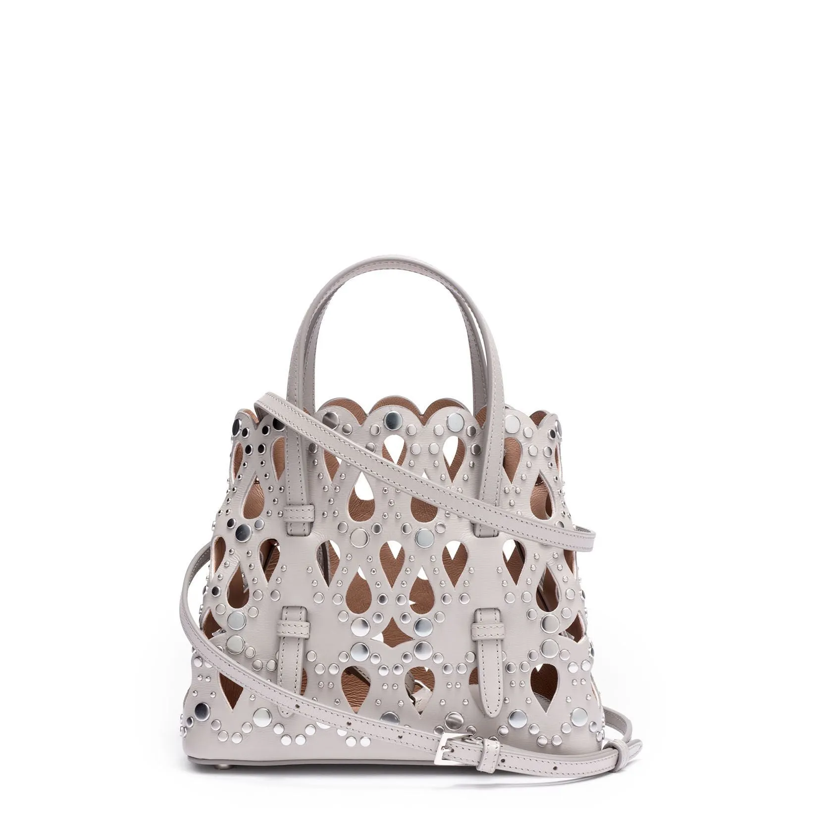 Grey leather studded mini tote