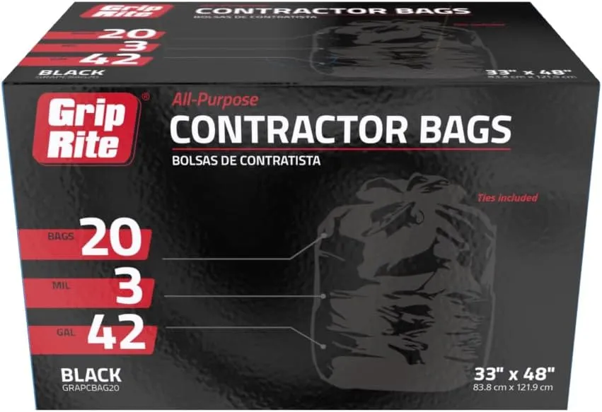 Grip-Rite GRAPCBAG20 All-Purpose Contractor Bags, 42 Gallons 33" x 48", 20 Count