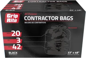 Grip-Rite GRAPCBAG20 All-Purpose Contractor Bags, 42 Gallons 33" x 48", 20 Count