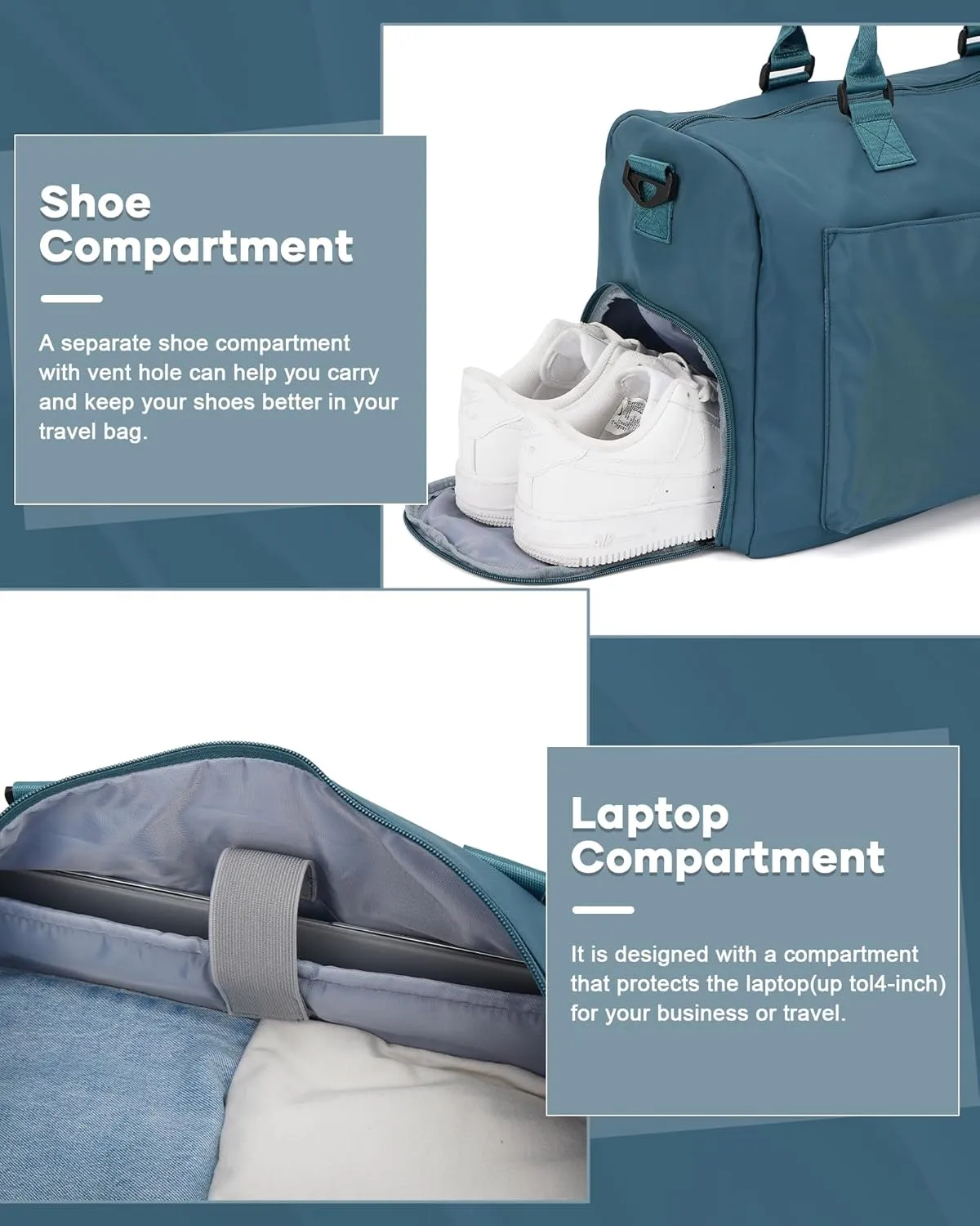 Gym Bag for Women Men Duffle Bags for Travel with Shoe Compartment Shoulder Weekender Overnight Carry on Tote Bags for Airplane Beach Bag Workout Yoga Sport Swimming Peacock Blue