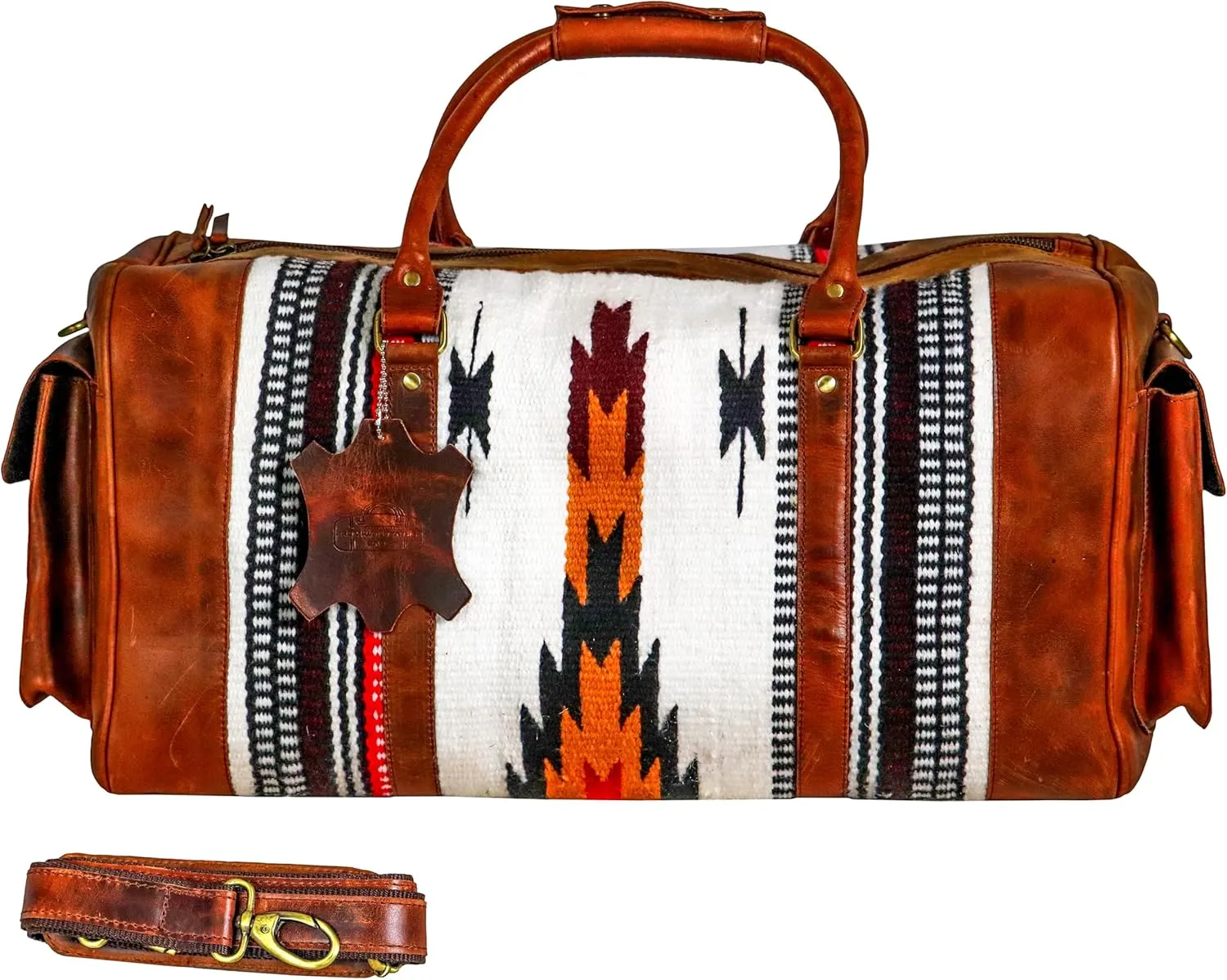 Handmade Duffle Bag leather heavy duty Gym Sports Airplane Overnight Luggage Carry On Unisex Travel Hand Rug Wollen Gift for His/Her (Excluding Shoe Compartment, Rug Duffle Bag ESC_07)