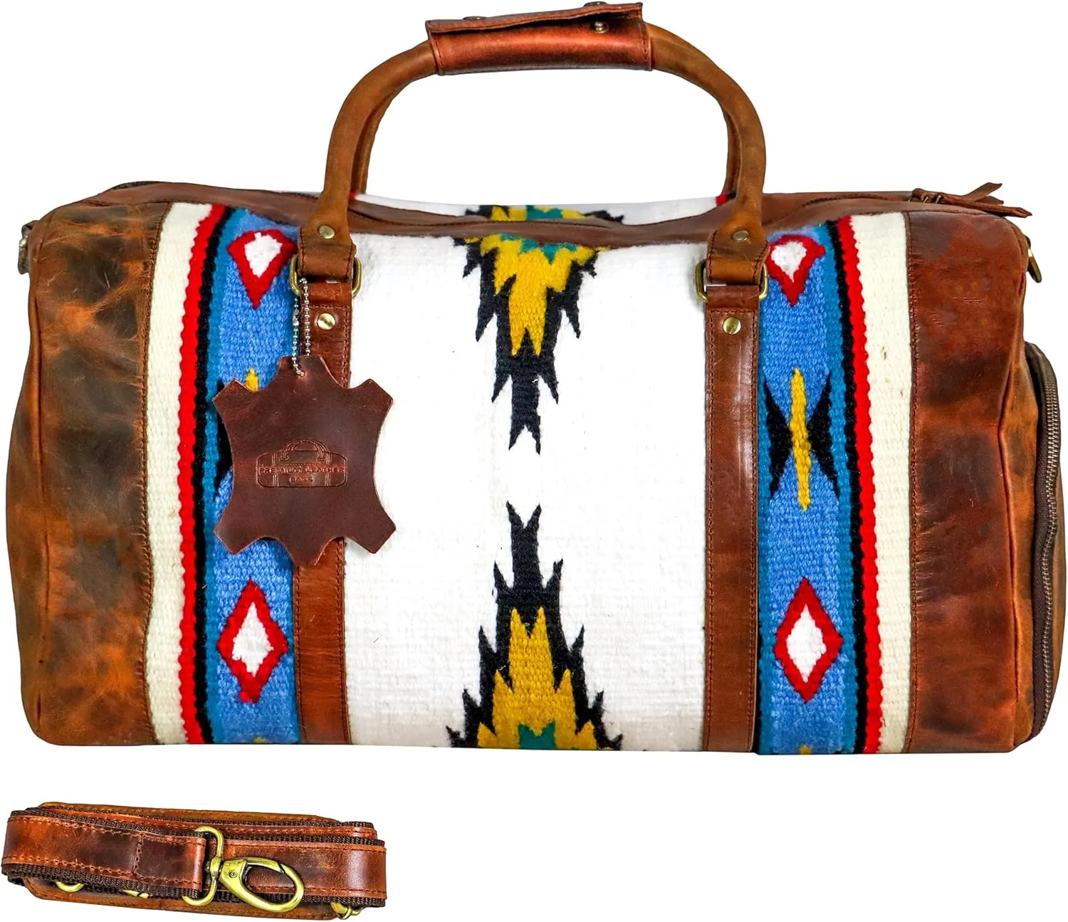 Handmade Premium Duffle Bag leather heavy duty Gym Sports Airplane Overnight Luggage Carry On Unisex Travel woven Rug Bag Wollen Hand Bag Gift for His/Her (RUG DUFFLE BAG DESIGN_03)