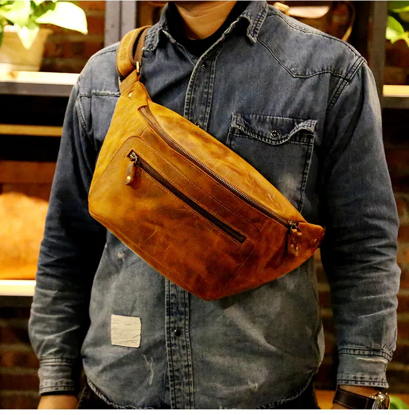 Handmade Vintage Crazy Horse Leather Zipper Chest Bag