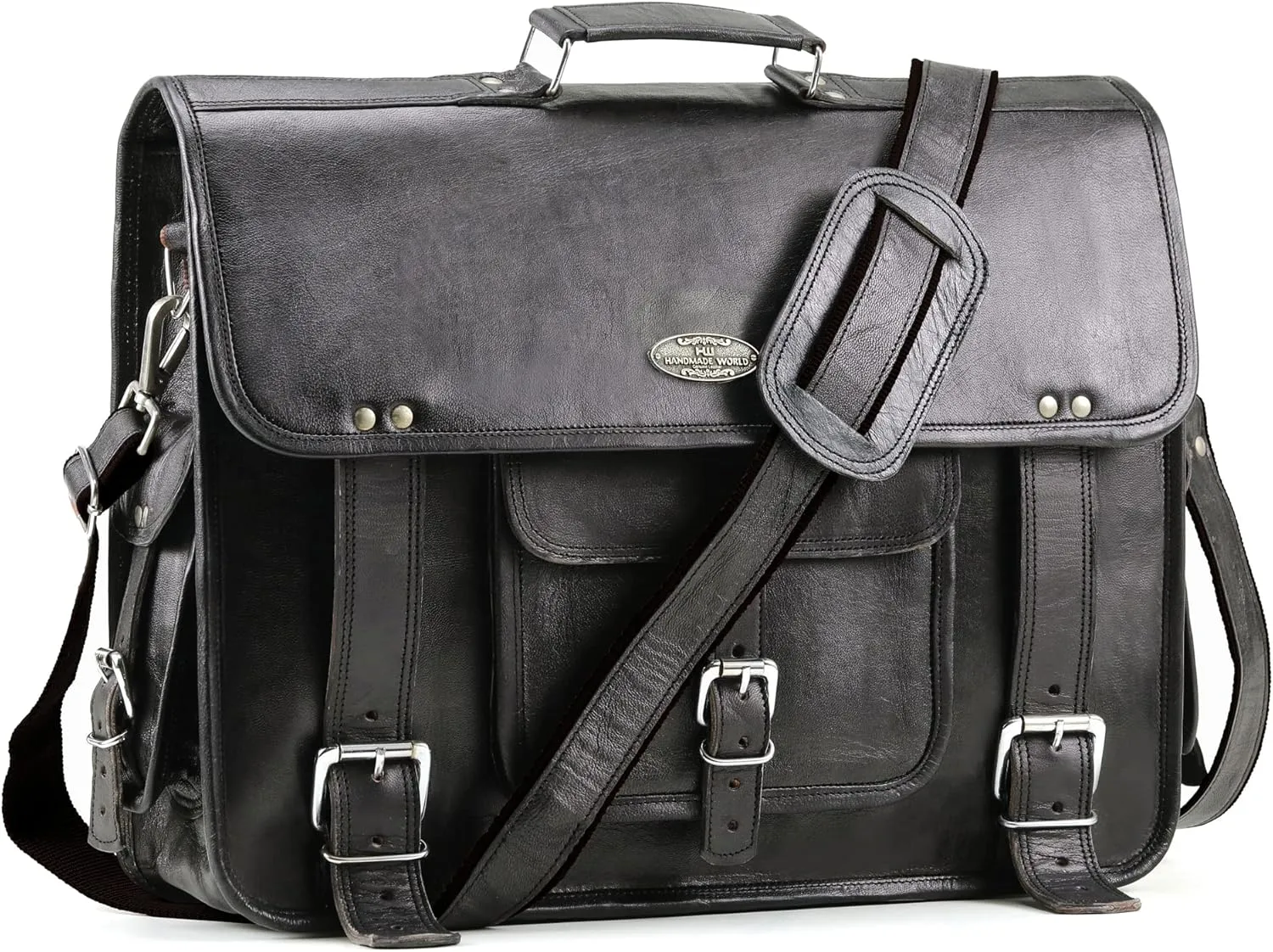 Handmade World Leather Messenger Bags For Men Women Mens Briefcase Laptop Bag Computer Satchel (Black, 18 Inches)