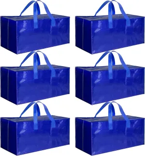 HealSmart 6 Pack Extra Large Moving Bags with Zippers & Carrying Handles, Heavy-Duty Storage Tote Moving Boxes for Dorm Room Essentials Storage Bags, Blue