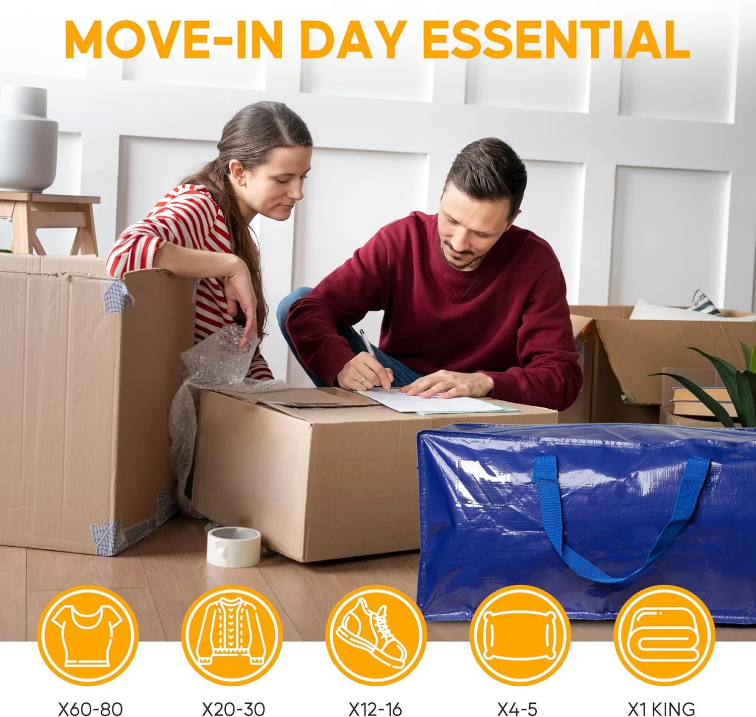 HealSmart 6 Pack Extra Large Moving Bags with Zippers & Carrying Handles, Heavy-Duty Storage Tote Moving Boxes for Dorm Room Essentials Storage Bags, Blue