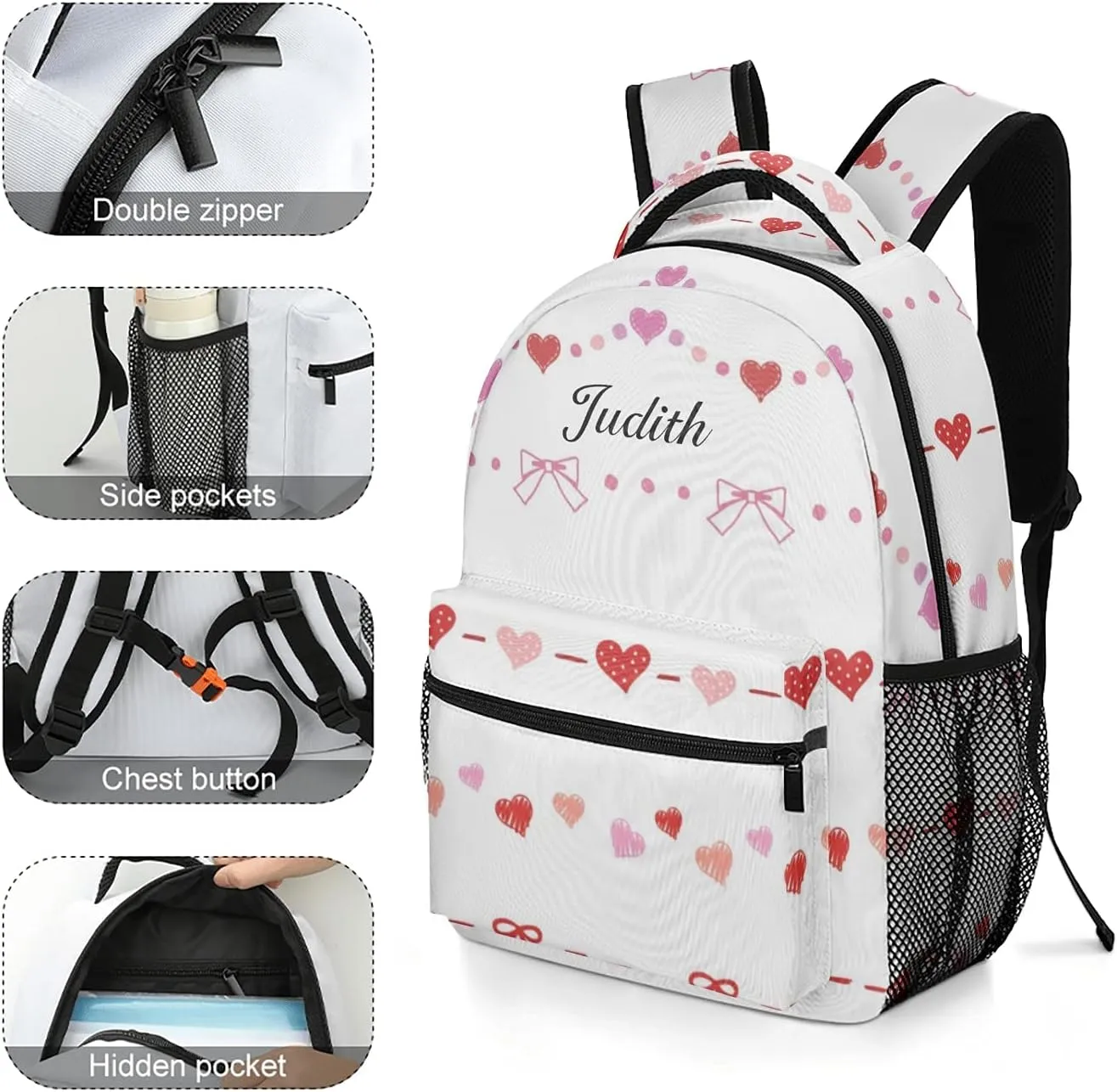 Heart and Ribbon Custom Kids Backpack, Personalized Student School Bags for Boys & Girls, Bookbags with Adjustable Strapfor Travel