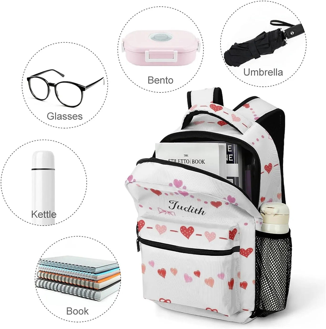 Heart and Ribbon Custom Kids Backpack, Personalized Student School Bags for Boys & Girls, Bookbags with Adjustable Strapfor Travel