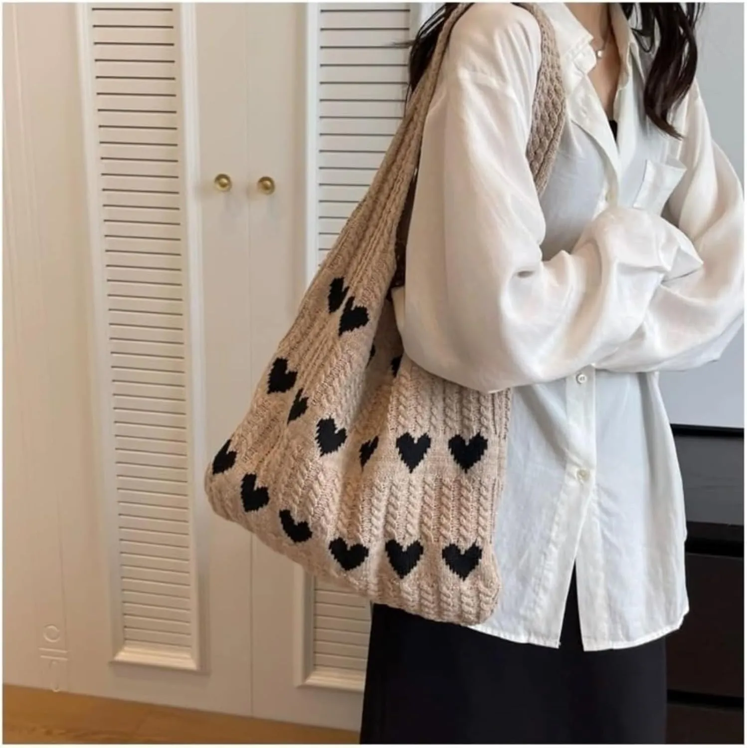Heart Graphic Cute Tote Bags for Women Aesthetic Crochet Shoulder Handbags for Women Casual Beach