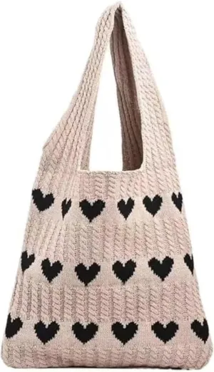 Heart Graphic Cute Tote Bags for Women Aesthetic Crochet Shoulder Handbags for Women Casual Beach