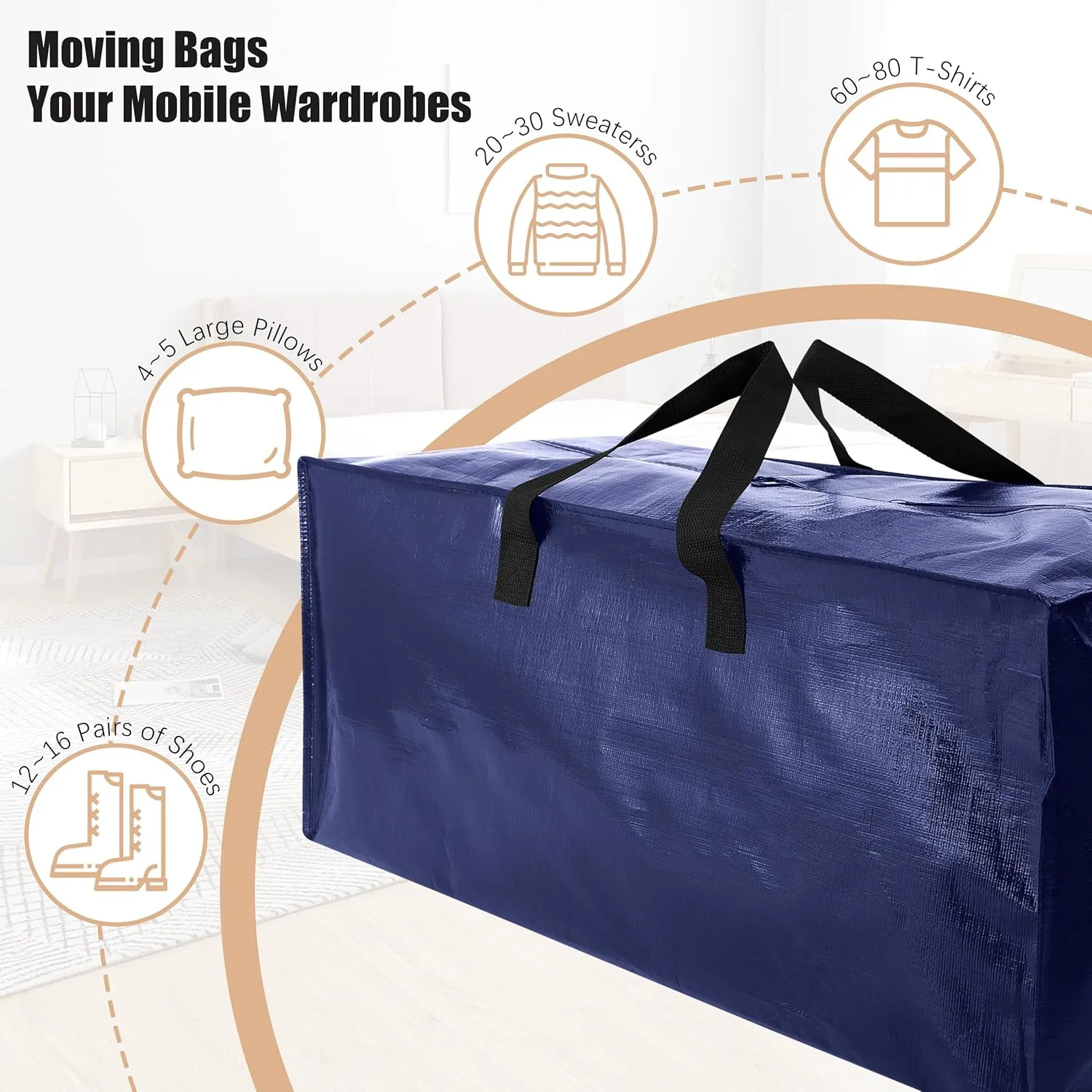 Heavy Duty Moving Bags with Backpack Straps and Strong Handles, Alternative to Moving Boxes and Storage Totes for Dorm Room Essentials, 6 Pack, Blue