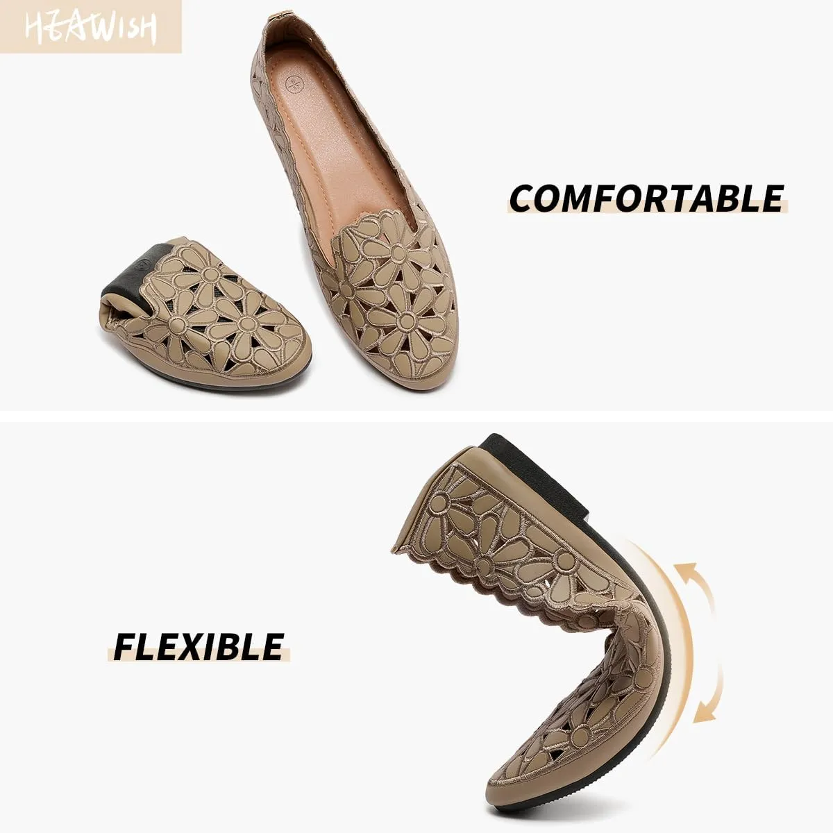 HEAWISH Women's Floral Ballet Flats for Women Black Beige Slip On Flowers PU Leather Round Toe Dress Shoes
