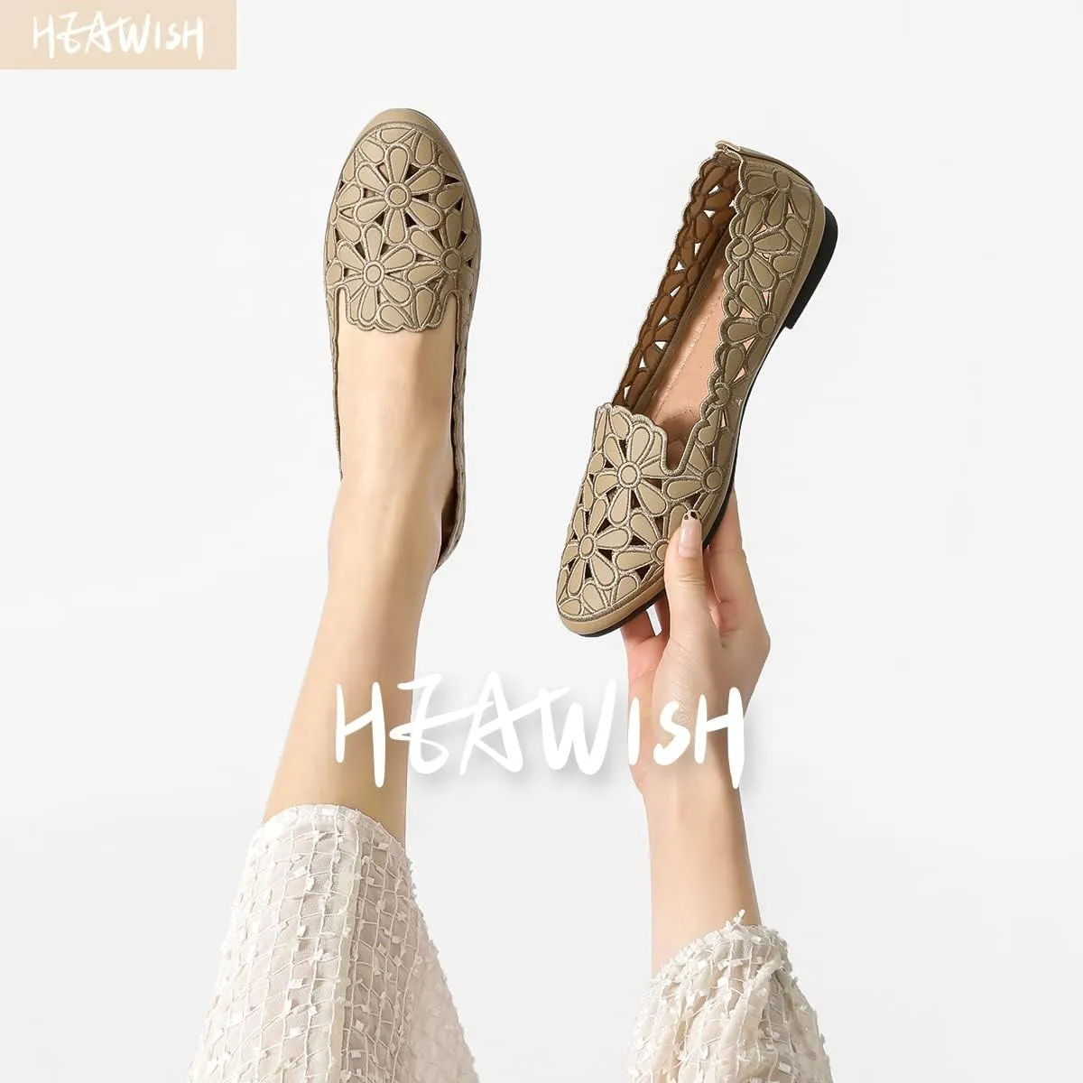 HEAWISH Women's Floral Ballet Flats for Women Black Beige Slip On Flowers PU Leather Round Toe Dress Shoes