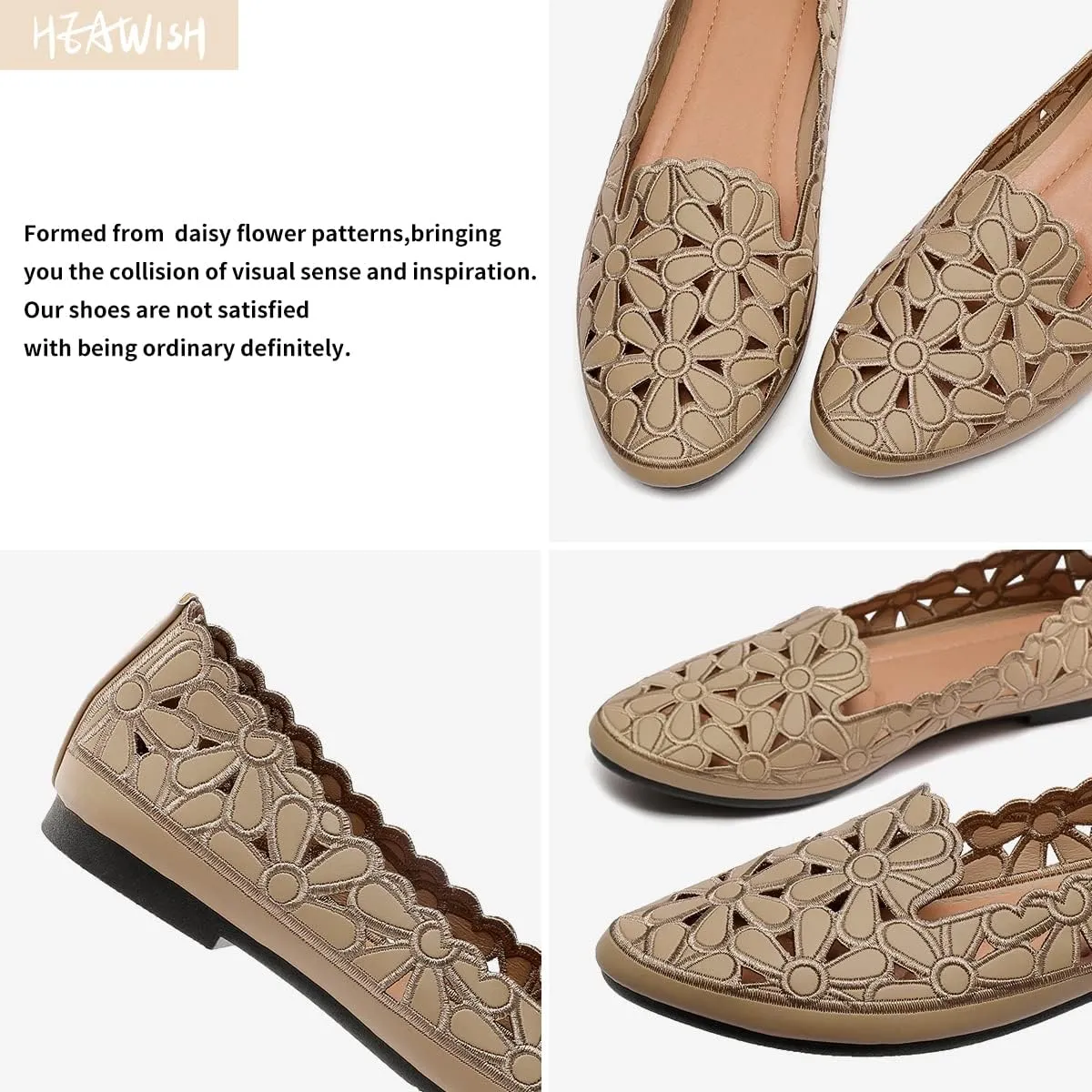 HEAWISH Women's Floral Ballet Flats for Women Black Beige Slip On Flowers PU Leather Round Toe Dress Shoes