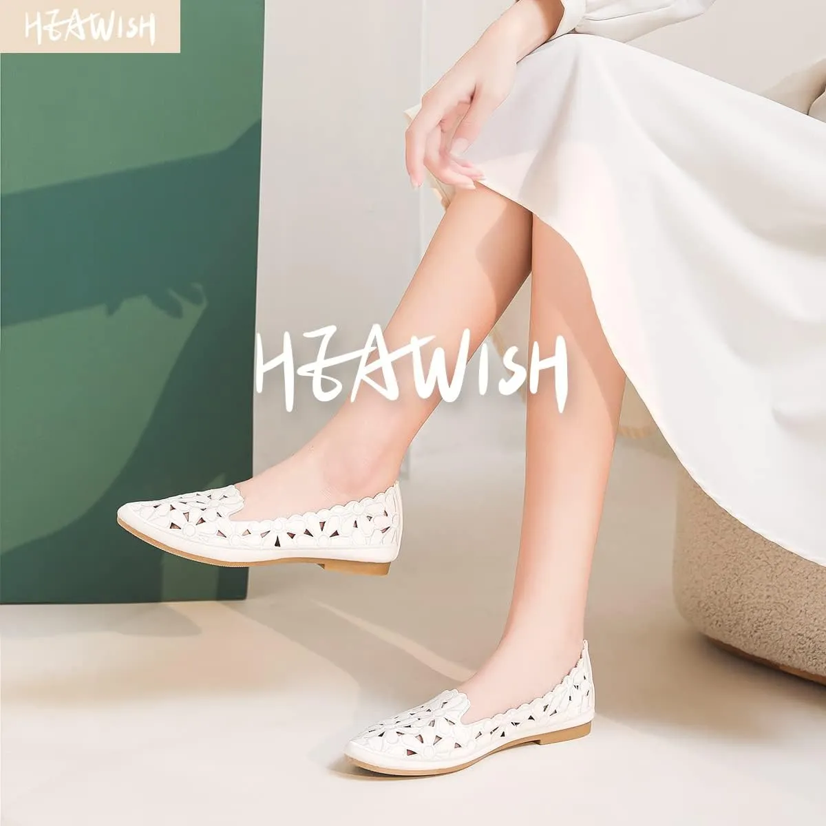 HEAWISH Women's Floral Ballet Flats for Women Black Beige Slip On Flowers PU Leather Round Toe Dress Shoes