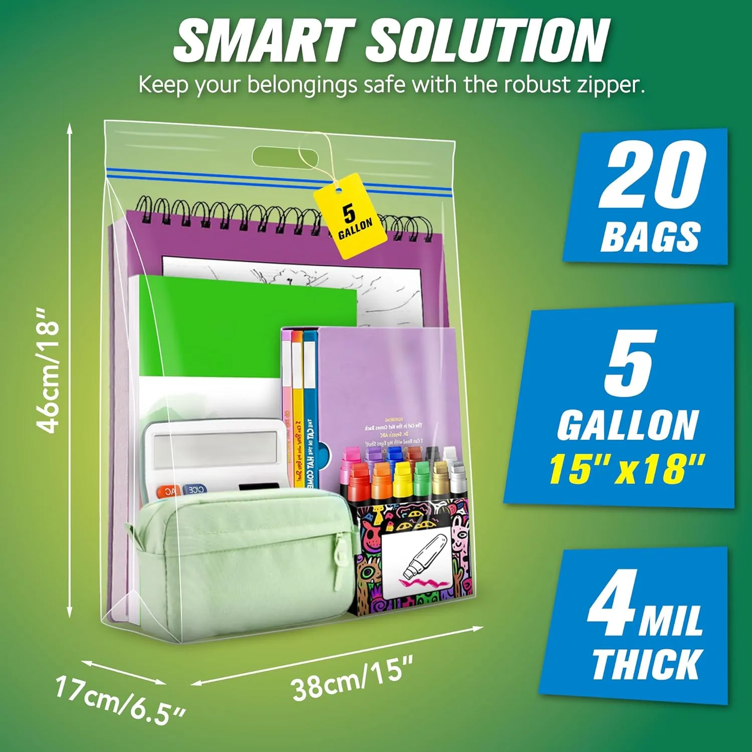 HIBAG 5 Gallon Large Storage Bags, 15” x 18” Resealable Clear Bags with Handle, Extra Large XL Heavy Duty for Clothes Pillow Travel Moving, Pack of 20