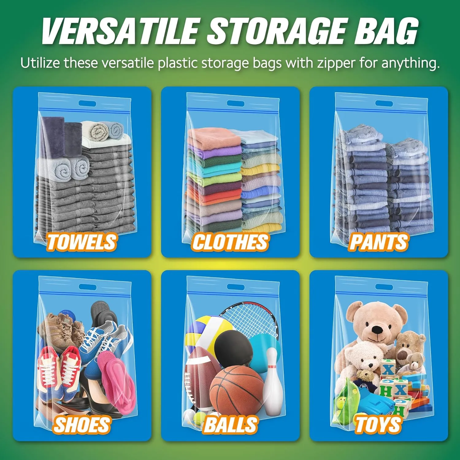 HIBAG 5 Gallon Large Storage Bags, 15” x 18” Resealable Clear Bags with Handle, Extra Large XL Heavy Duty for Clothes Pillow Travel Moving, Pack of 20