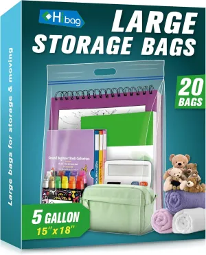 HIBAG 5 Gallon Large Storage Bags, 15” x 18” Resealable Clear Bags with Handle, Extra Large XL Heavy Duty for Clothes Pillow Travel Moving, Pack of 20
