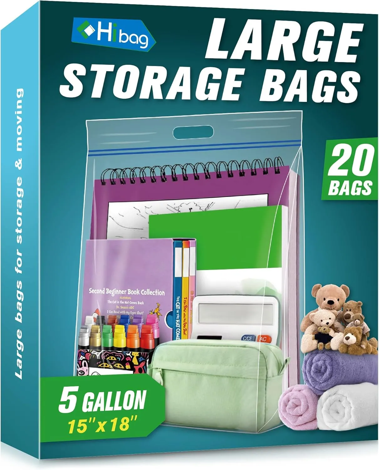 HIBAG 5 Gallon Large Storage Bags, 15” x 18” Resealable Clear Bags with Handle, Extra Large XL Heavy Duty for Clothes Pillow Travel Moving, Pack of 20
