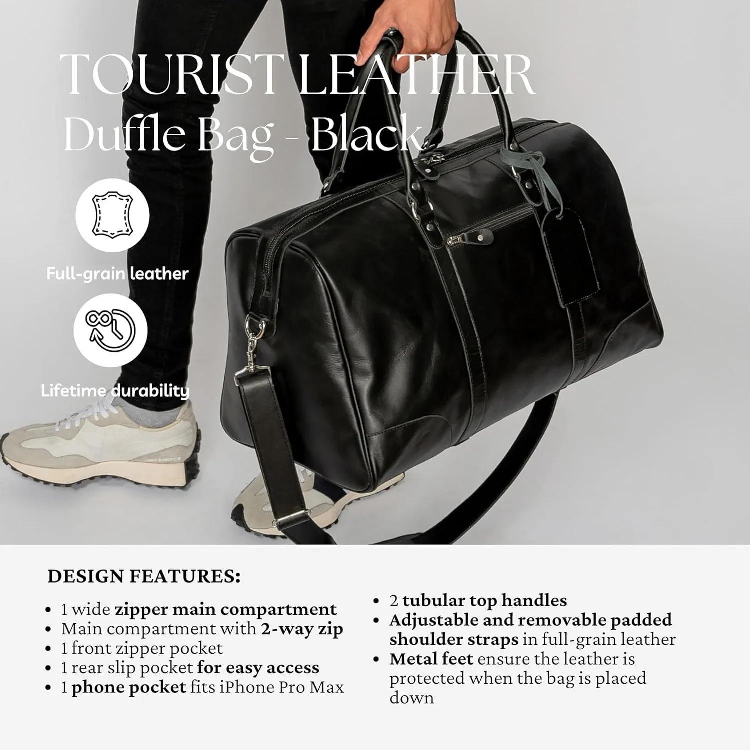 HIDES 50L Tourist Leather Duffle Bag, Handcrafted Travel Companion with Premium Full-Grain Leather Spacious Compartment Secured Zip Pockets and Adjustable Shoulder Strap (Black)