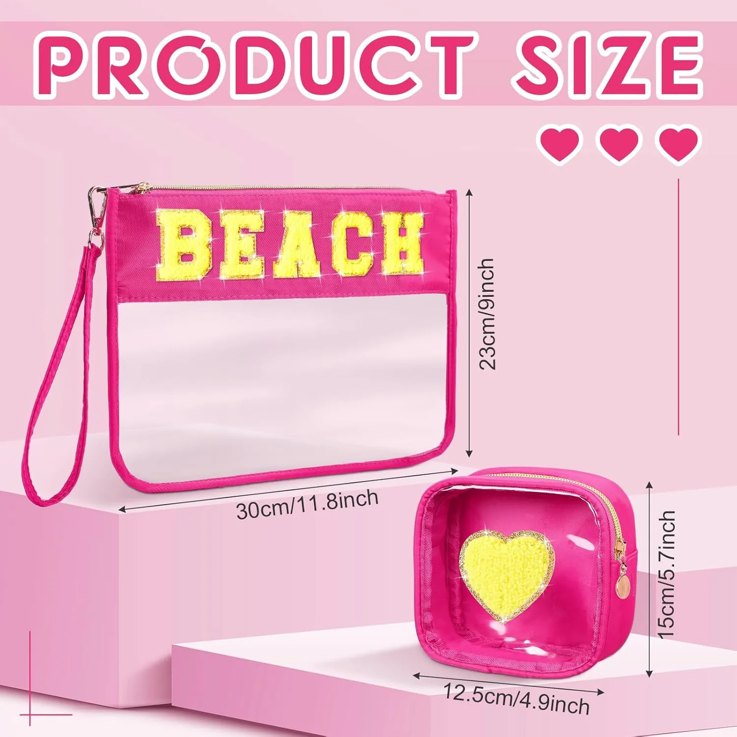 Hillban 2 Pcs Beach Makeup Bag Clear Cosmetic Toiletry Pouch Chenille Letter Patch Bags Preppy Summer Waterproof PVC Travel Purse Snack Portable Storage for Women