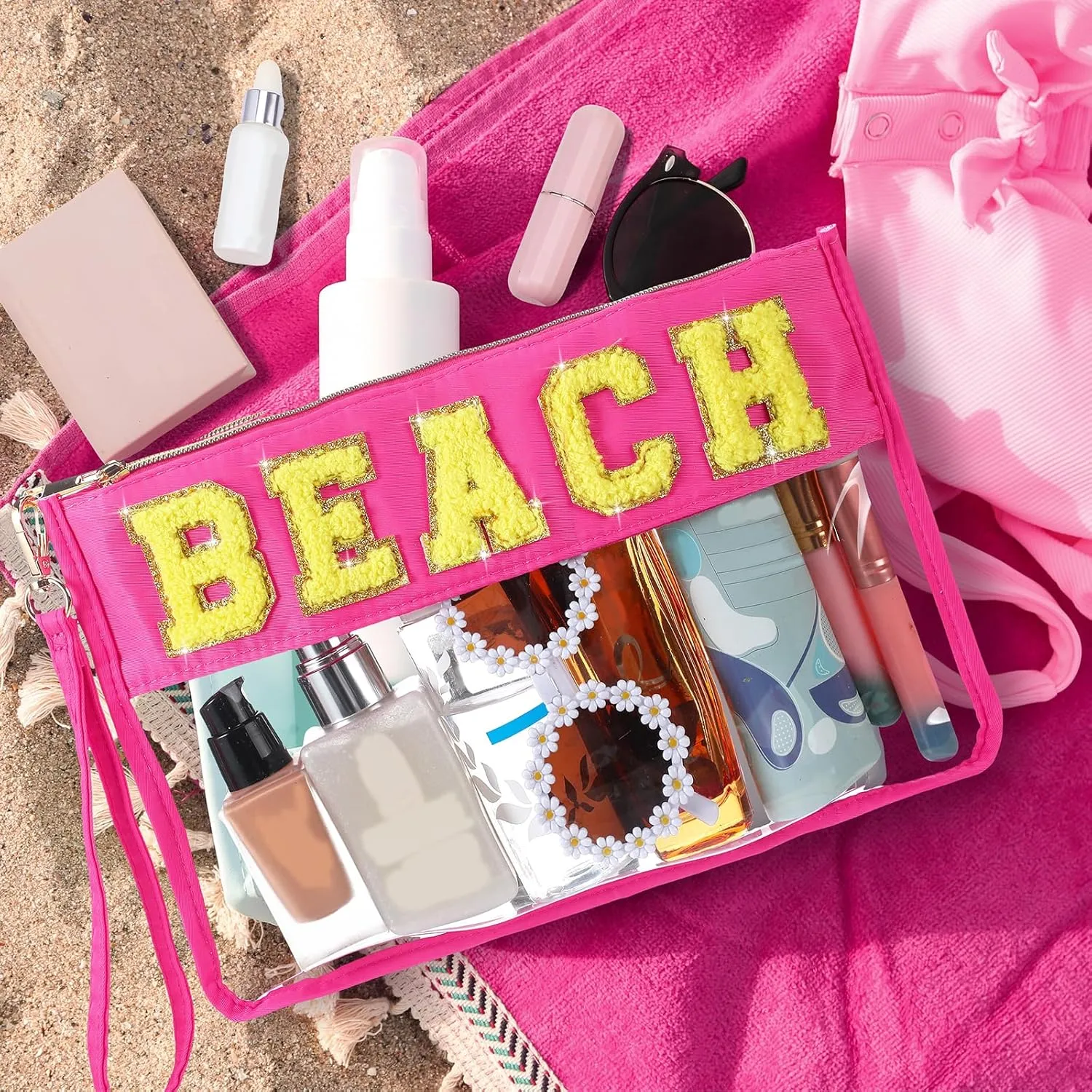 Hillban 2 Pcs Beach Makeup Bag Clear Cosmetic Toiletry Pouch Chenille Letter Patch Bags Preppy Summer Waterproof PVC Travel Purse Snack Portable Storage for Women