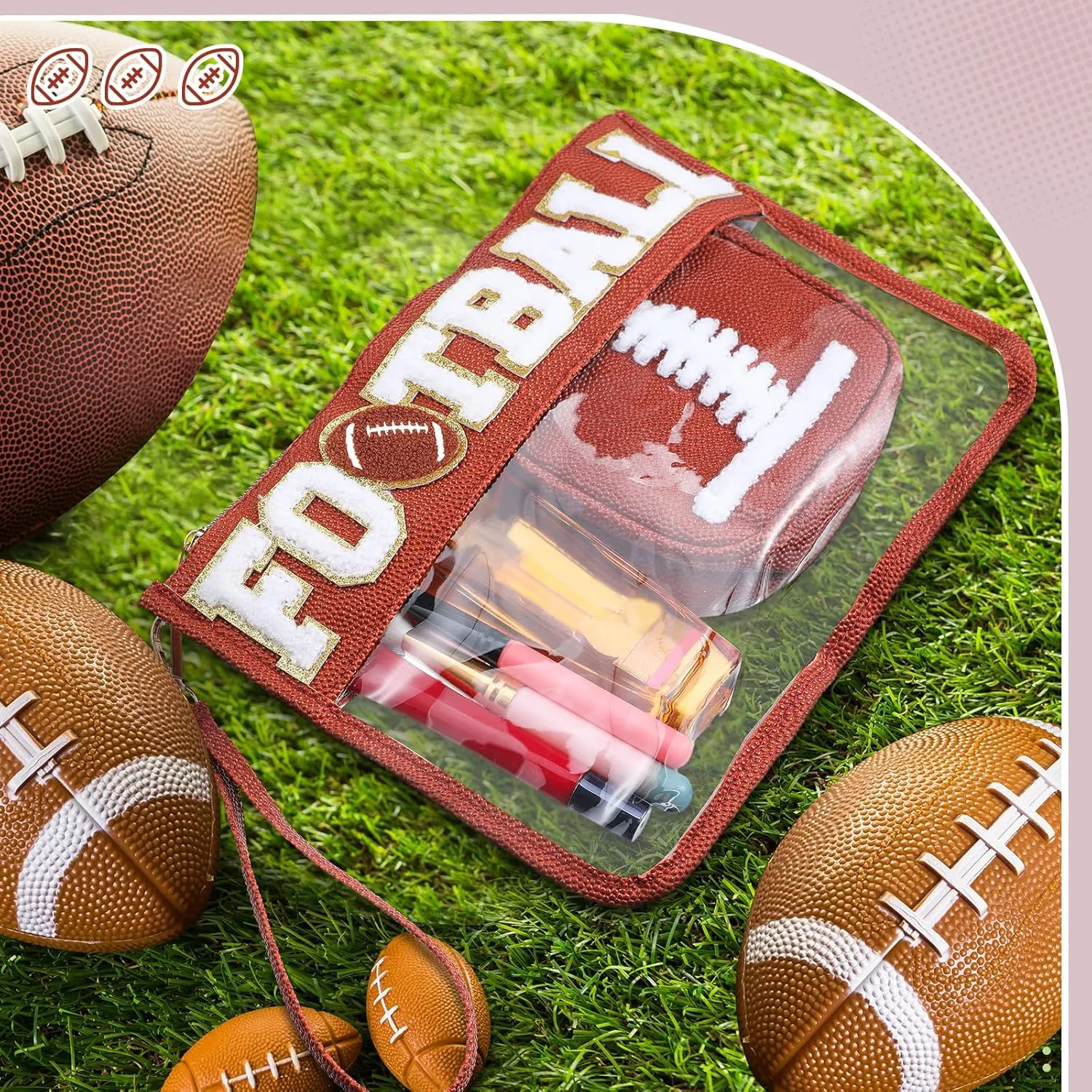 Hillban 2 Pcs Football Team Gifts Makeup Cosmetic Bags Toiletry Pouch Sports Goody Bags Chenille Letter Clear Zipper Pouch Football Accessories for women Travel Stuff Portable Storage case