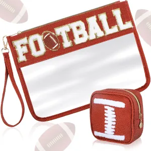 Hillban 2 Pcs Football Team Gifts Makeup Cosmetic Bags Toiletry Pouch Sports Goody Bags Chenille Letter Clear Zipper Pouch Football Accessories for women Travel Stuff Portable Storage case