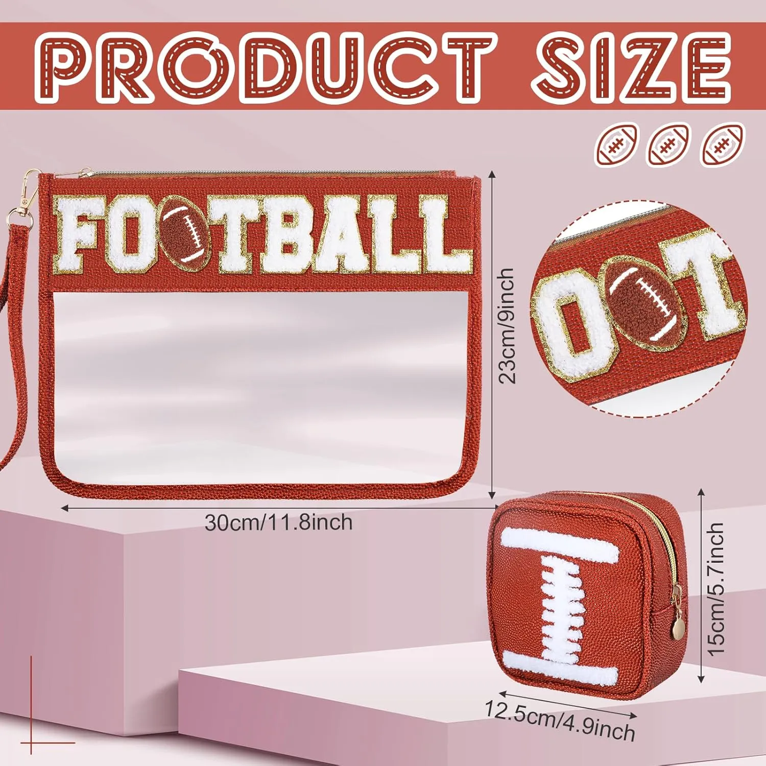 Hillban 2 Pcs Football Team Gifts Makeup Cosmetic Bags Toiletry Pouch Sports Goody Bags Chenille Letter Clear Zipper Pouch Football Accessories for women Travel Stuff Portable Storage case