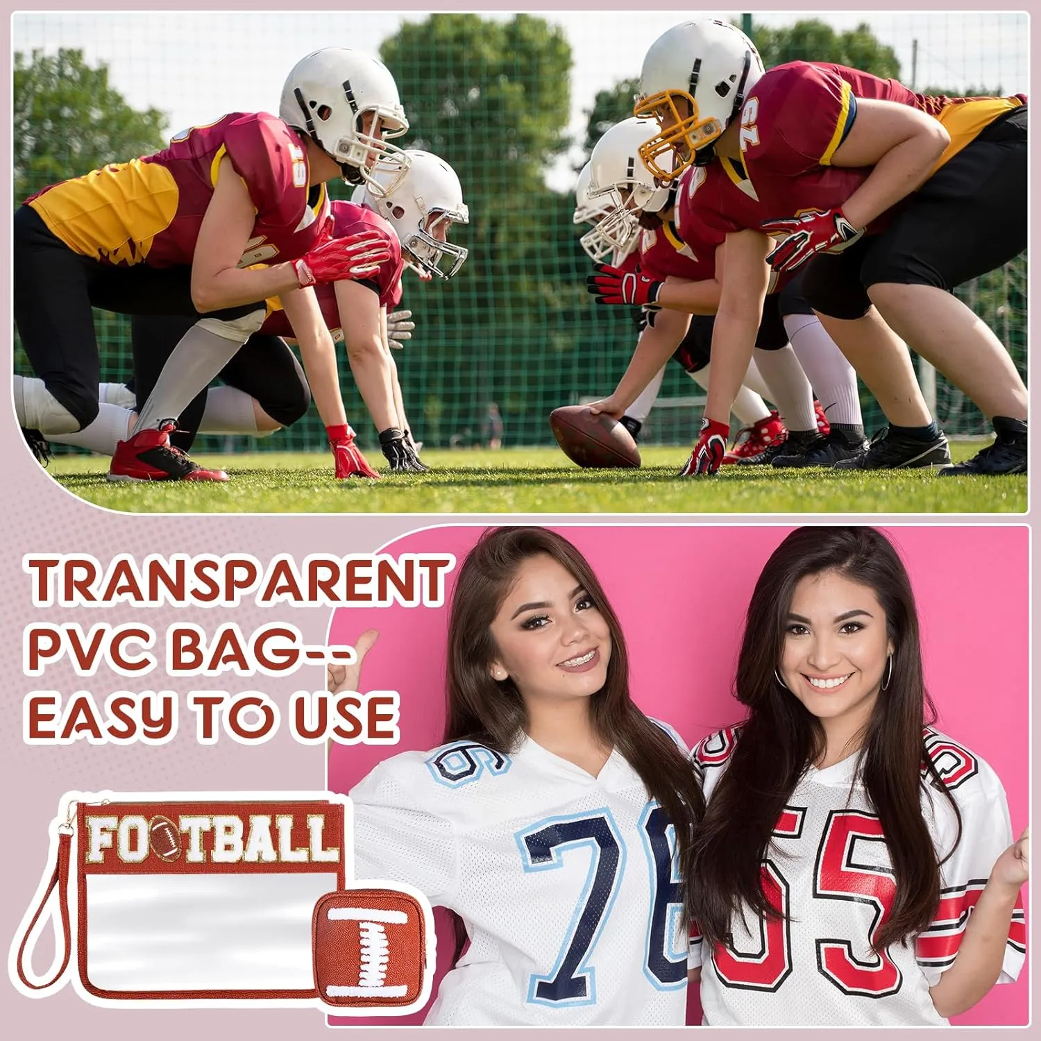 Hillban 2 Pcs Football Team Gifts Makeup Cosmetic Bags Toiletry Pouch Sports Goody Bags Chenille Letter Clear Zipper Pouch Football Accessories for women Travel Stuff Portable Storage case
