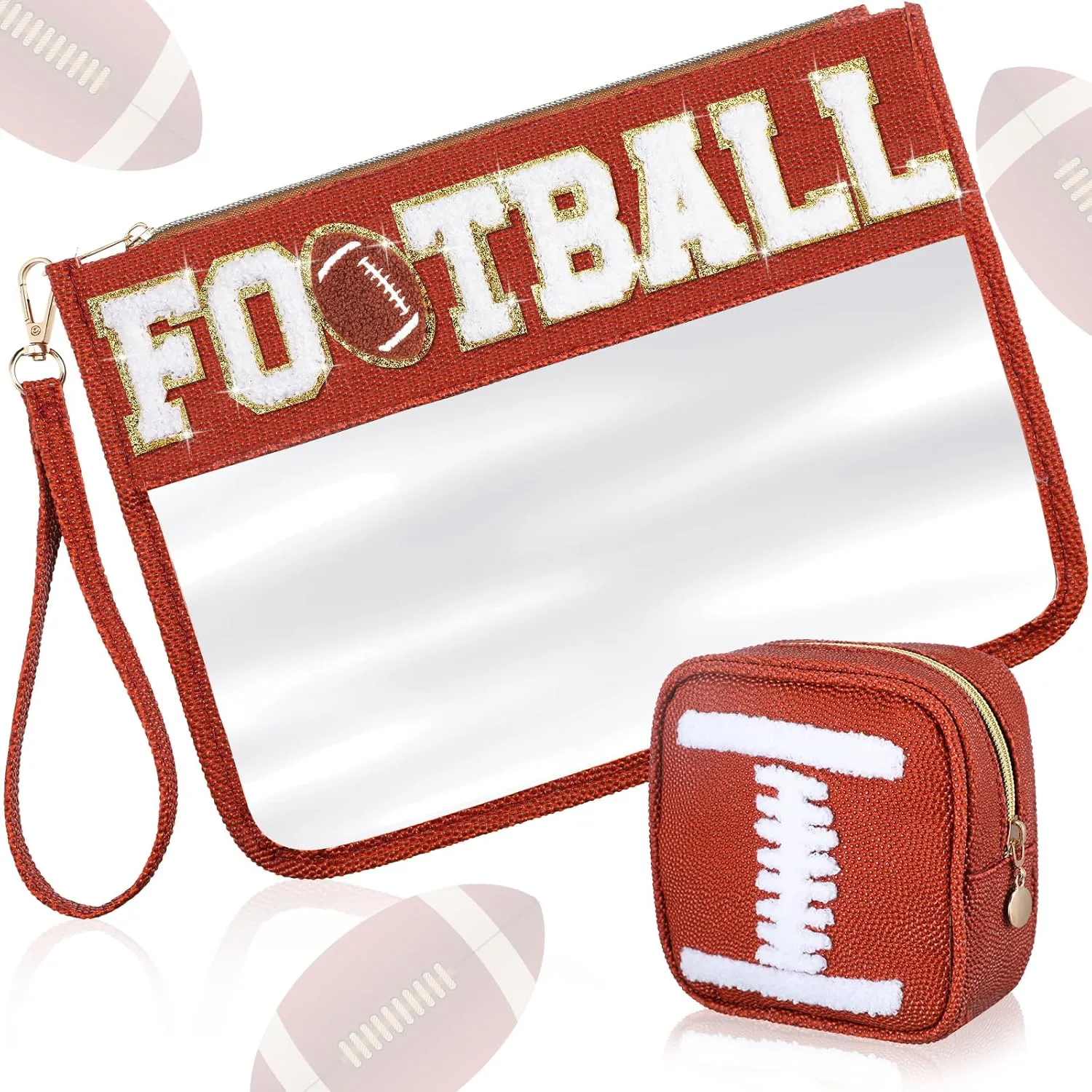 Hillban 2 Pcs Football Team Gifts Makeup Cosmetic Bags Toiletry Pouch Sports Goody Bags Chenille Letter Clear Zipper Pouch Football Accessories for women Travel Stuff Portable Storage case
