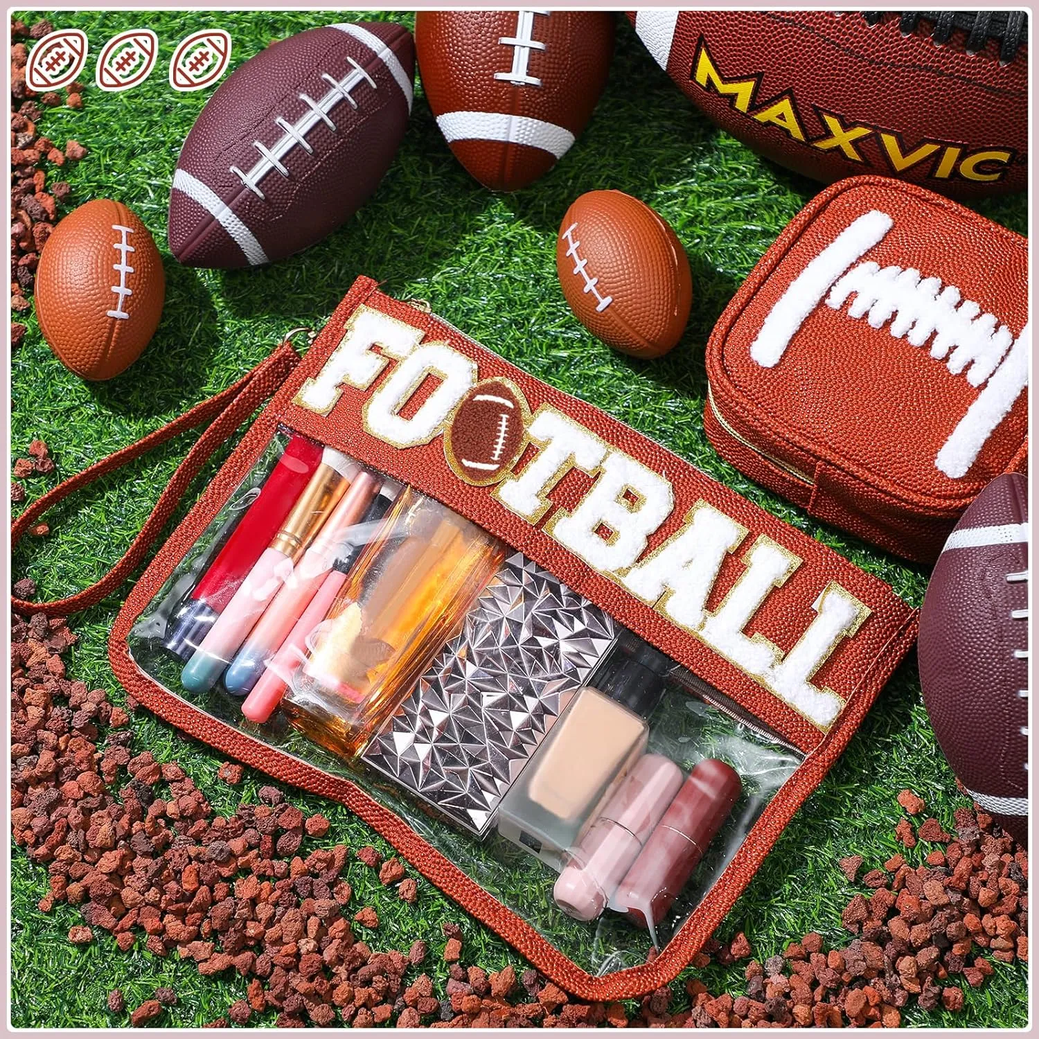 Hillban 2 Pcs Football Team Gifts Makeup Cosmetic Bags Toiletry Pouch Sports Goody Bags Chenille Letter Clear Zipper Pouch Football Accessories for women Travel Stuff Portable Storage case