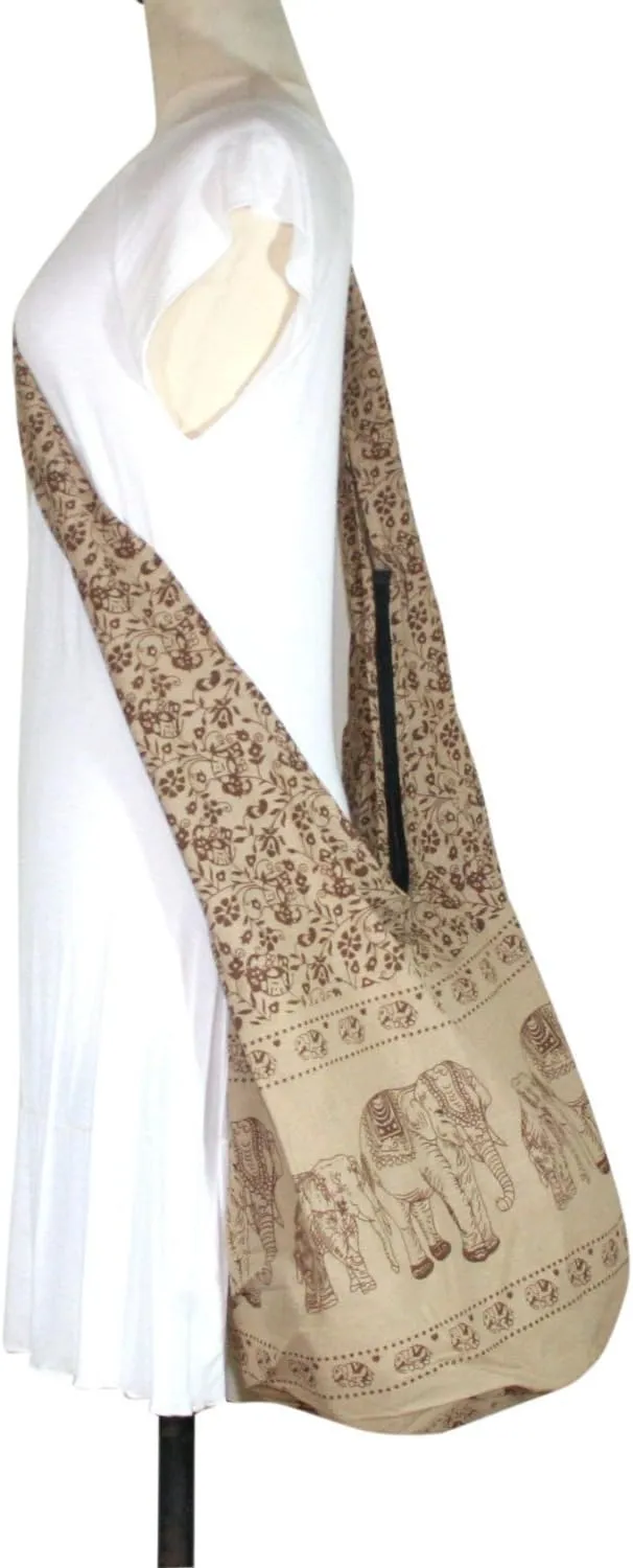 Hippie Elephant Crossbody Bag - Boho Cotton Shoulder Bag with Spacious Interior - Lightweight Bohemian Purse Adjustable