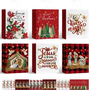 Horaldaily 24 Christmas Gift Paper Bags Bulk with handles Wrapping, Buffalo Plaid Holy Night Jesus Birds Xmas Holiday Presents(24 Large)