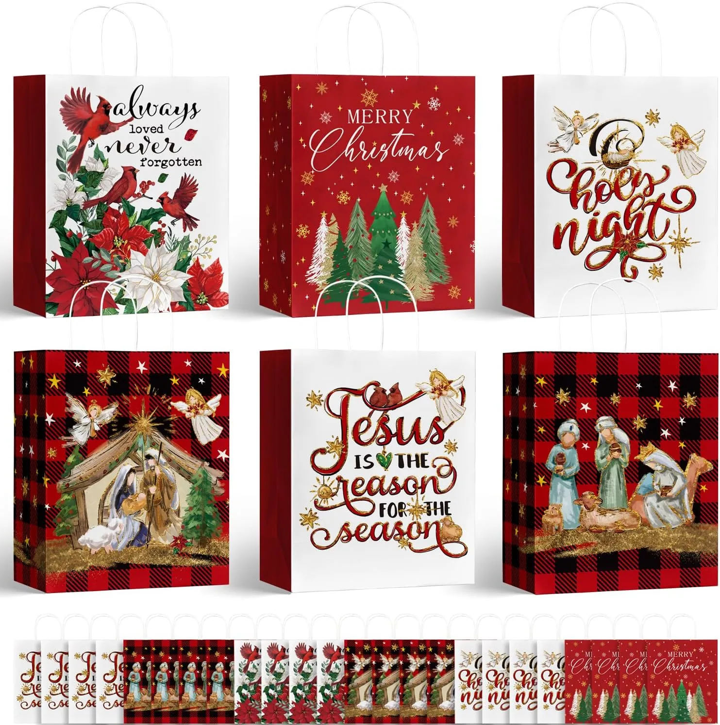 Horaldaily 24 Christmas Gift Paper Bags Bulk with handles Wrapping, Buffalo Plaid Holy Night Jesus Birds Xmas Holiday Presents(24 Large)