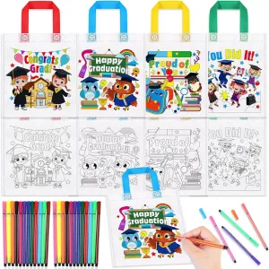 HOWAF 12pcs Preschool Graduation Coloring Goodie Bags with Paint Pens for Kids,Kindergarten Graduation Coloring Candy Bags for 2025 Congrats Grad Activities Supplies,Graduation Canvas Bag Coloring