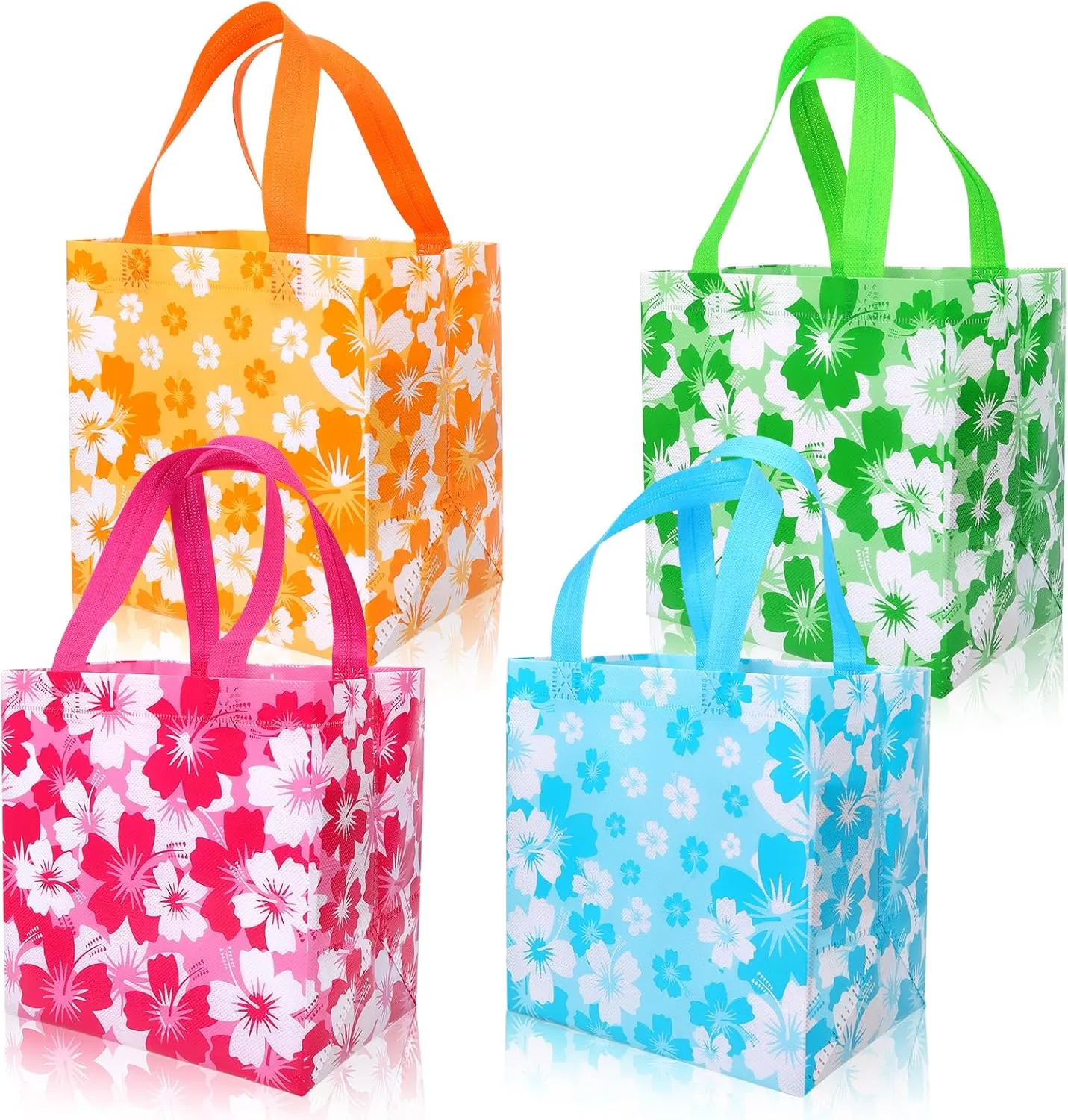 HOWAF Hawaiian Hibiscus Party Non Woven Gift Bags,Summer Tropical Themed Hibiscus Reusable Treat Bags,Luau Party Favor Bags with Handle for Tiki Luau Party Decoration,12pcs