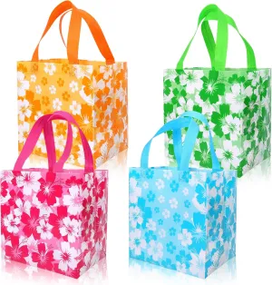 HOWAF Hawaiian Hibiscus Party Non Woven Gift Bags,Summer Tropical Themed Hibiscus Reusable Treat Bags,Luau Party Favor Bags with Handle for Tiki Luau Party Decoration,12pcs
