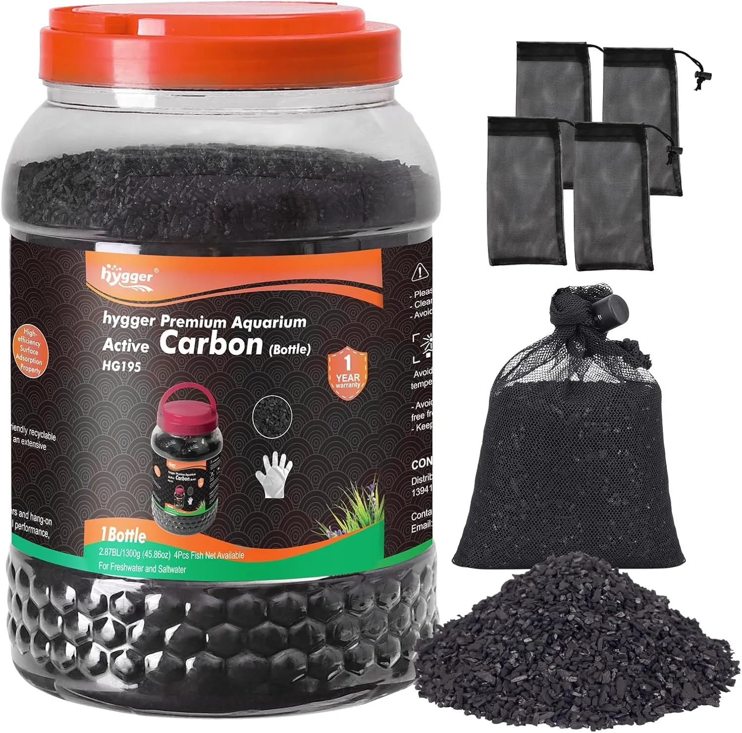 hygger Aquarium Activated Carbon, Premium Natural Coconut Shell Activated Charcoal for Freshwater and Saltwater, Fish Tank Filter Media, Water Purification Carbon (45.8 oz with Fine Mesh Bag)