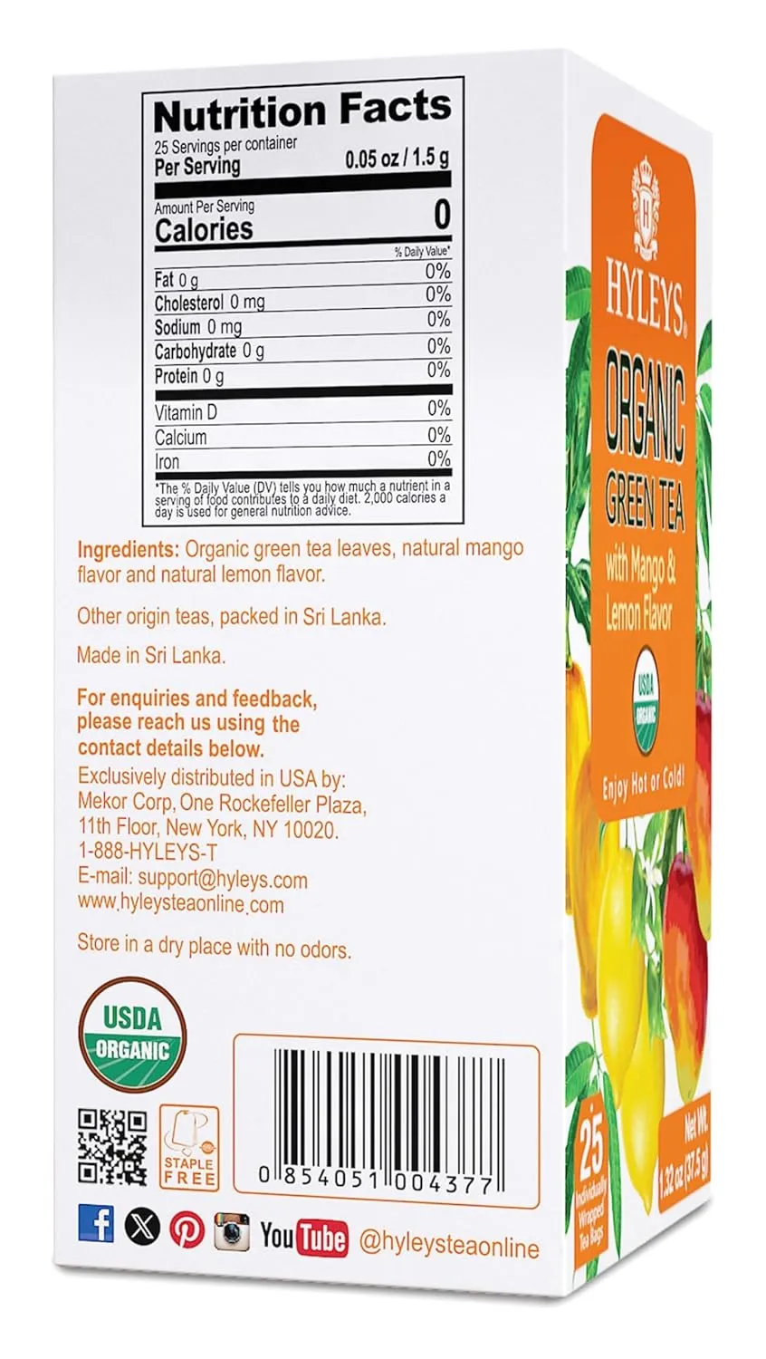 Hyleys Organic Green Tea Mango and Lemon Flavor - 25 Tea Bags - (6 Pack - 150 Tea Bags Total)
