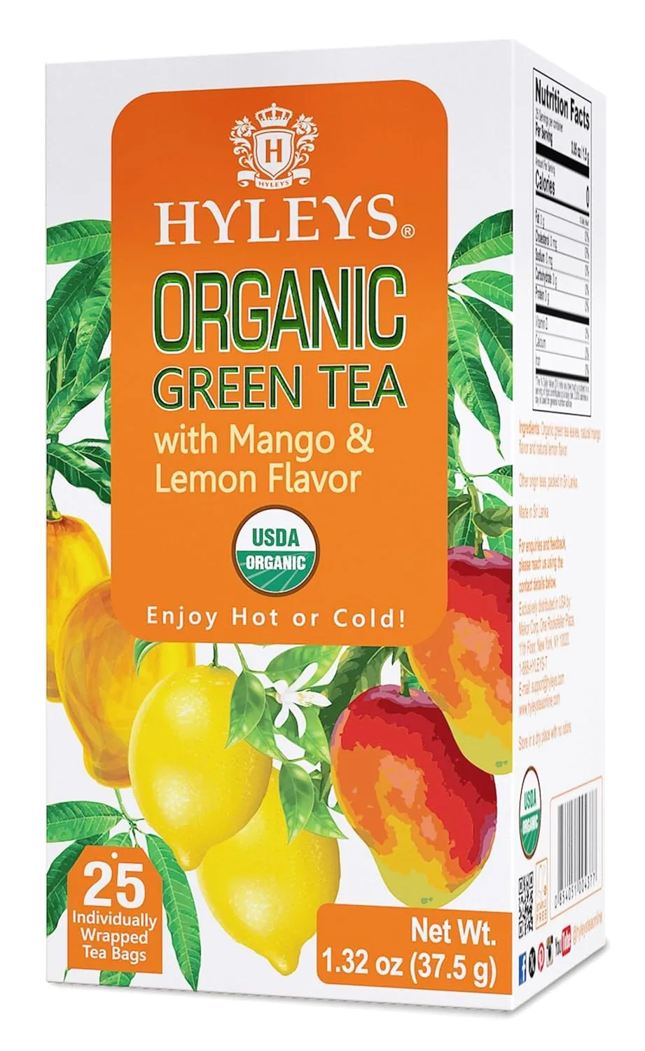 Hyleys Organic Green Tea Mango and Lemon Flavor - 25 Tea Bags - (6 Pack - 150 Tea Bags Total)