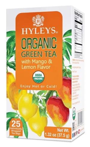 Hyleys Organic Green Tea Mango and Lemon Flavor - 25 Tea Bags - (6 Pack - 150 Tea Bags Total)