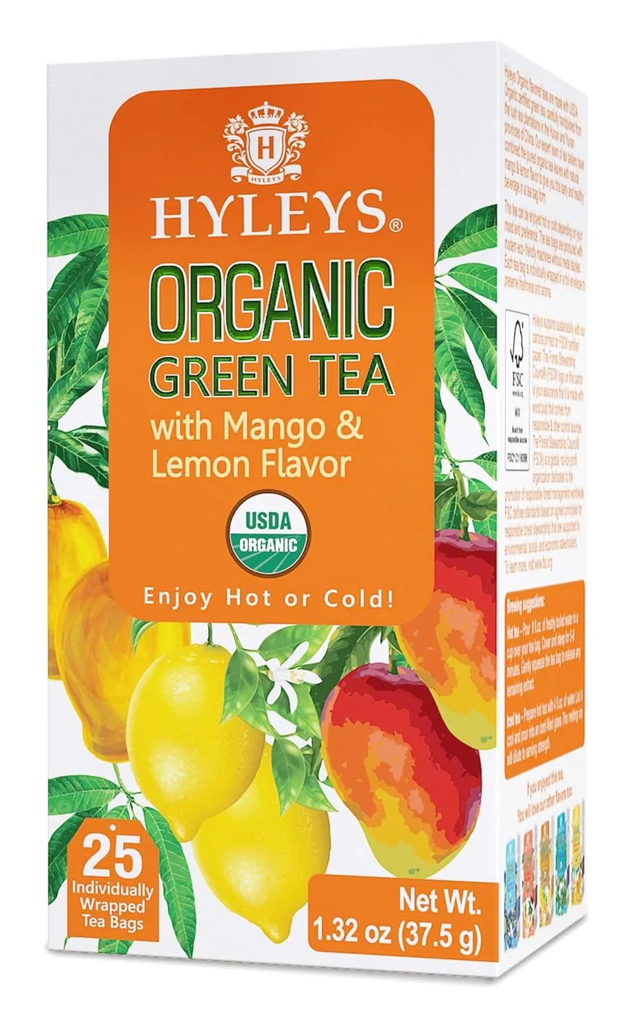 Hyleys Organic Green Tea Mango and Lemon Flavor - 25 Tea Bags - (6 Pack - 150 Tea Bags Total)
