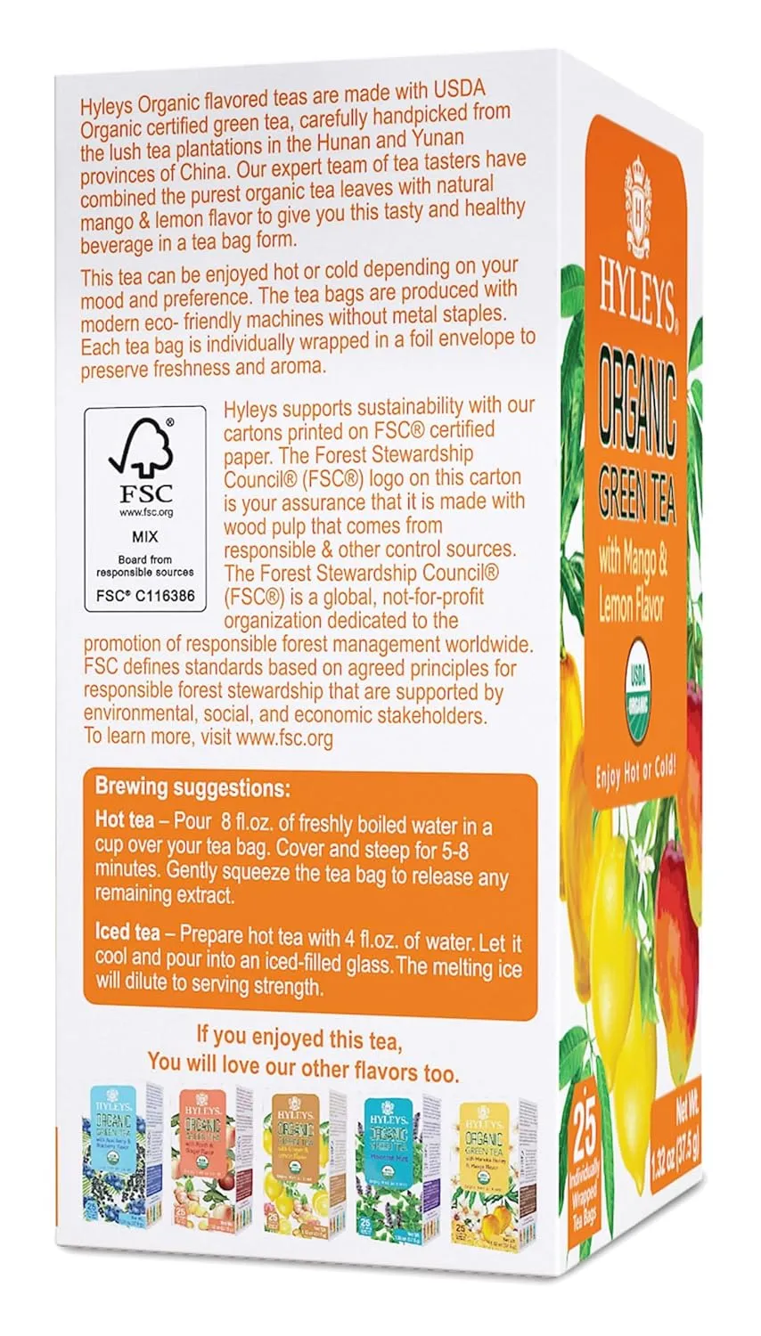 Hyleys Organic Green Tea Mango and Lemon Flavor - 25 Tea Bags - (6 Pack - 150 Tea Bags Total)