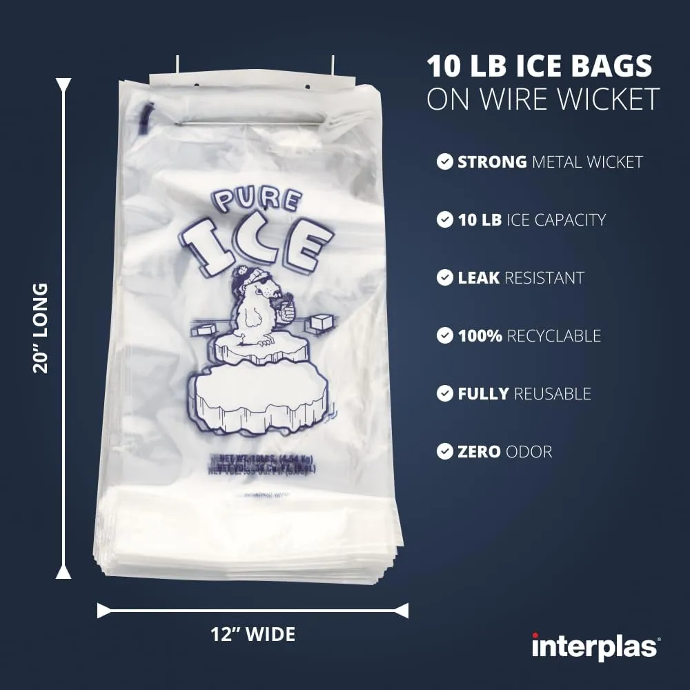 Ice Bags, 1,000 Count, 10 lb Capacity, Wicket with Twist Ties, for Interplas Ice Bagger, Convenience Store/Gas Station Use (Metal Wire Wicket)