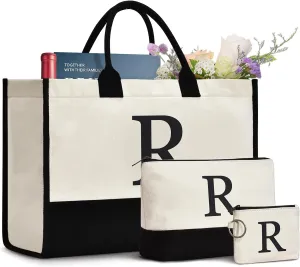 Initial Canvas Tote Bag Birthdays Gift for Women Mom Teacher Friend Bridesmaid,Custom for Wedding Beach Holidays