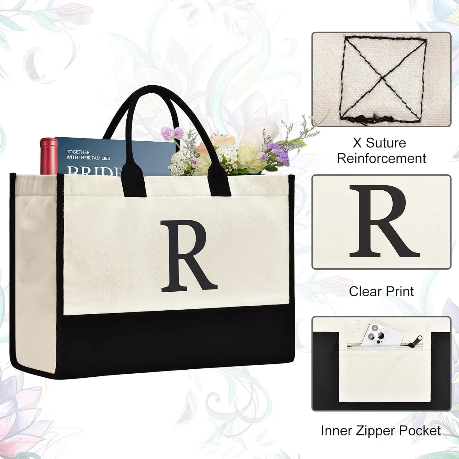Initial Canvas Tote Bag Birthdays Gift for Women Mom Teacher Friend Bridesmaid,Custom for Wedding Beach Holidays