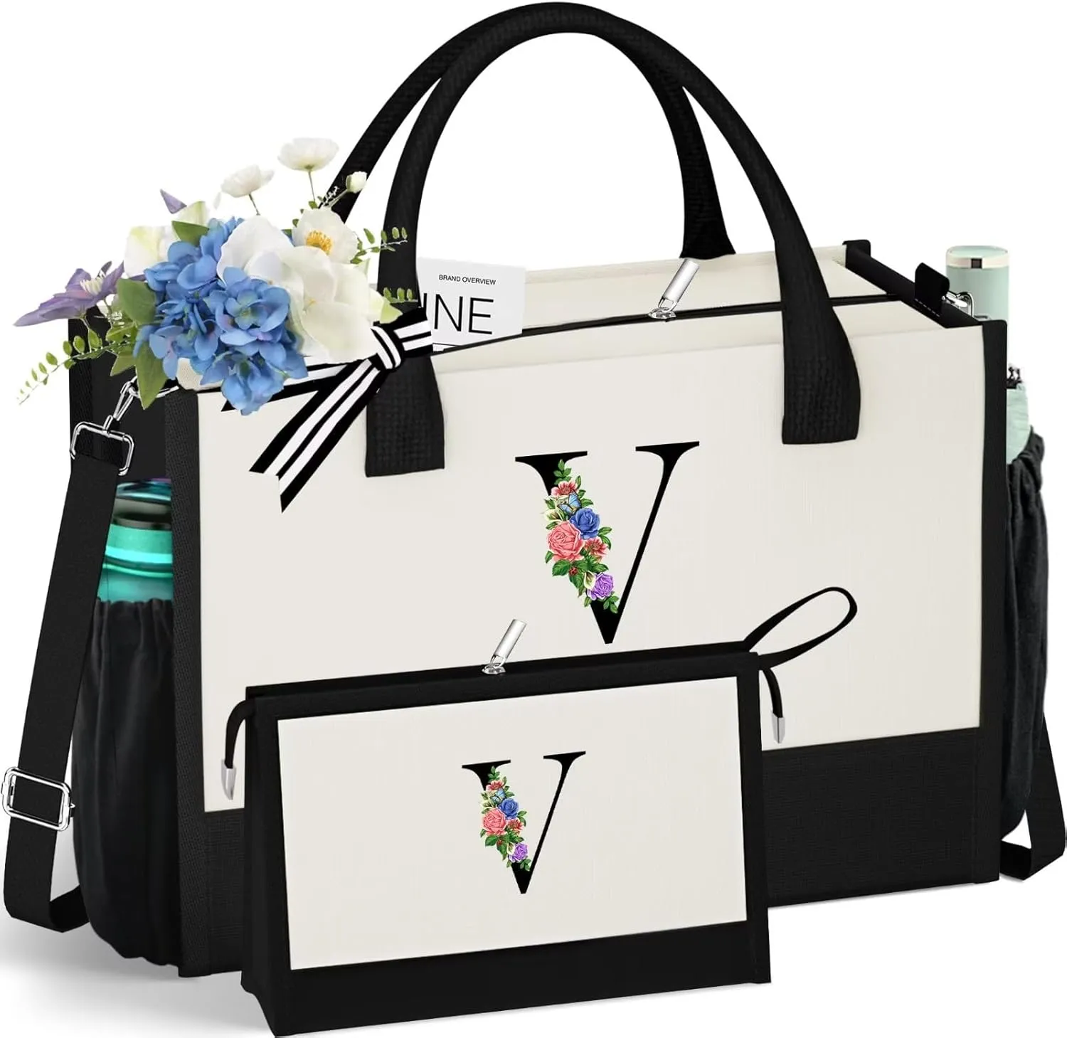 Initials Canvas Tote Bag & Makeup Bag with Zipper Pocket Adjustable Strap, Personalized Birthday Gift for Women