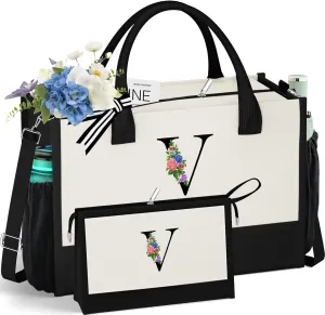 Initials Canvas Tote Bag & Makeup Bag with Zipper Pocket Adjustable Strap, Personalized Birthday Gift for Women