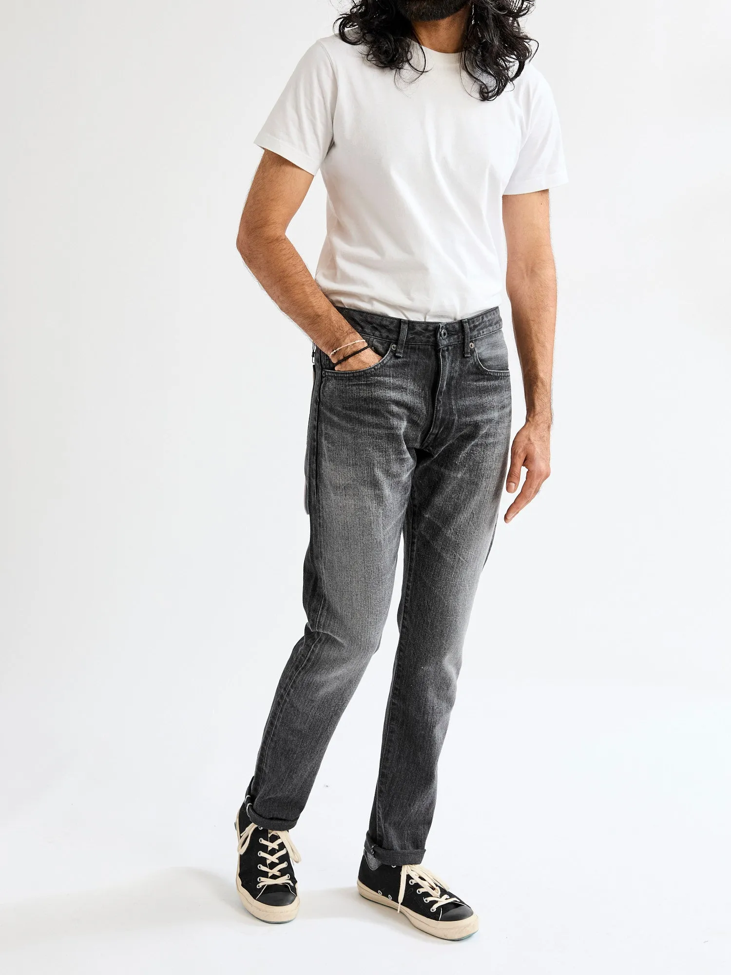 J214 "Aged Wash" 14oz Black Washed Selvedge Denim - Tapered Fit